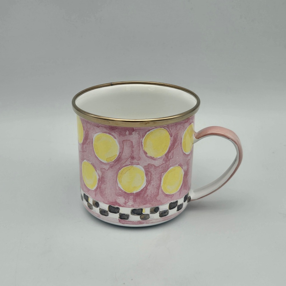 MacKenzie-Childs Rooster Enamel on Metal Mug Polka Dot Pink and Yellow Cute Cup